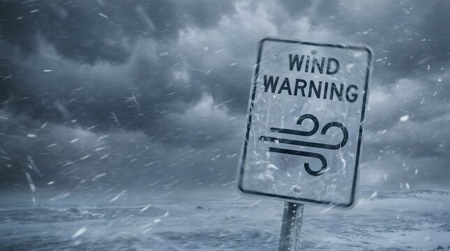 Wind warning sign in snowy storm