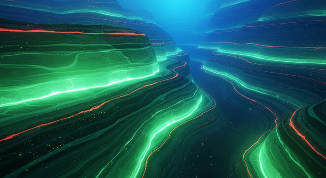 Abstract landscape of glowing green and orange lines in deep blue, symbolizing a surreal, cosmic environment or an alien planet
