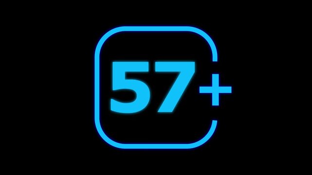 Bright cyan neon glowing number fifty seven with a plus sign inside a rounded square frame isolated on a solid black background for digital age rating