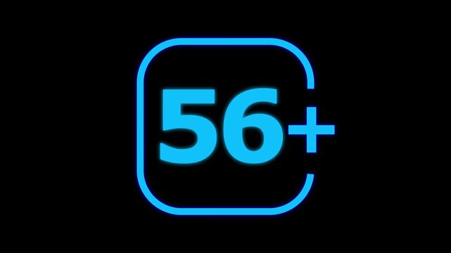 Bright cyan neon glowing number fifty six with a plus sign inside a rounded square frame isolated on a solid black background for digital age rating