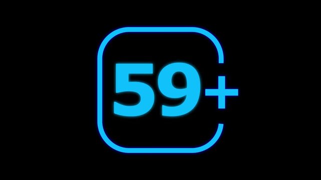 Bright cyan neon glowing number fifty nine with a plus sign inside a rounded square frame isolated on a solid black background for digital age rating
