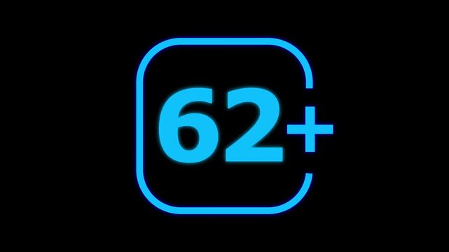 Bright cyan neon glowing number sixty two with a plus sign inside a rounded square frame isolated on a deep black background for digital age rating