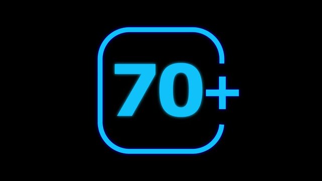 Bright neon blue glowing number seventy with a plus sign inside a rounded square frame isolated on a deep black background for digital age rating