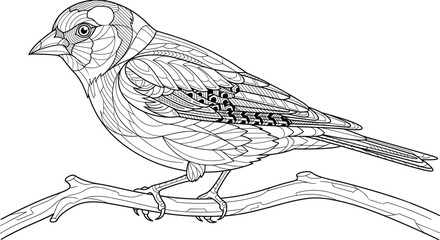 Intricate Songbird Line Art Coloring Page Ornamental Bird Outline Vector Illustration