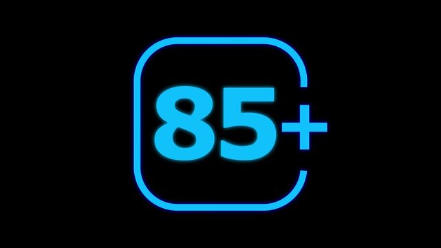 Bright neon blue number eighty five with a plus sign inside a rounded square frame isolated on a deep black background for digital interface