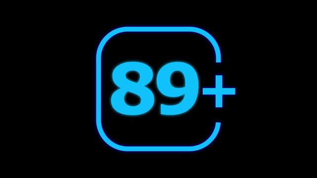 Bright blue neon number eighty nine with a plus sign inside a rounded square frame isolated on a solid black background for digital interface