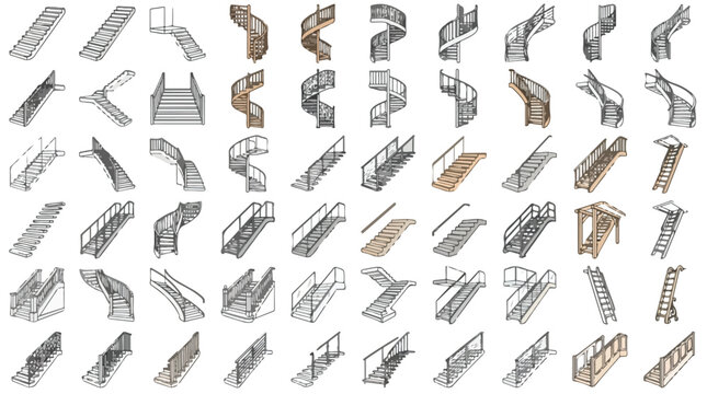 Architectural staircase vector collection, modern spiral stairs and straight steps set, 60 isometric interior design elements for floor planning isolated PNG with Transparent Background