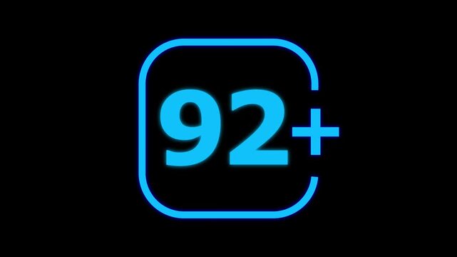 Bright cyan neon glowing number ninety two with a plus sign inside a rounded square frame isolated on a deep black background for digital display