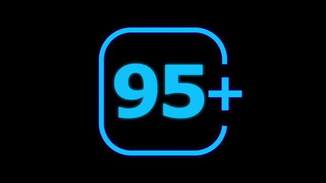 Bright cyan neon glowing number ninety five with a plus sign inside a rounded square frame isolated on a deep black background for digital display