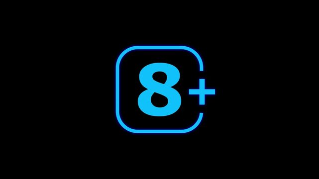 Bright blue number eight with a plus sign inside a rounded square frame on a solid black background for age rating and restriction labels
