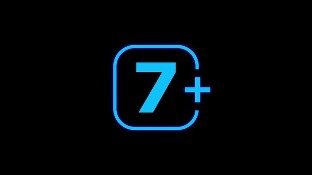 Bright blue number seven with a plus sign inside a rounded square frame on a solid black background for age rating and restriction labels