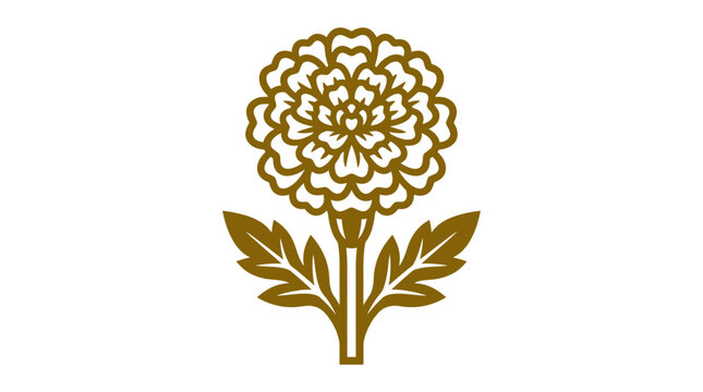 Gold marigold flower silhouette on stem with leaves.