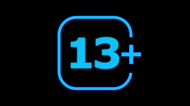 Bright blue neon style number thirteen plus sign inside a rounded square frame isolated on a solid black background for age rating and labels