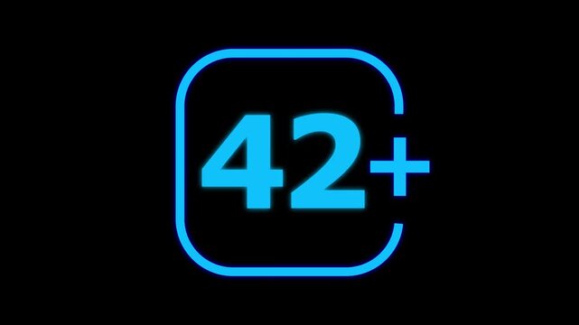Bright cyan neon glowing number forty two plus sign inside a rounded square frame isolated on a solid black background for age restriction label