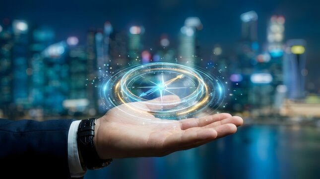 Businessman hand holding holographic compass over city skyline