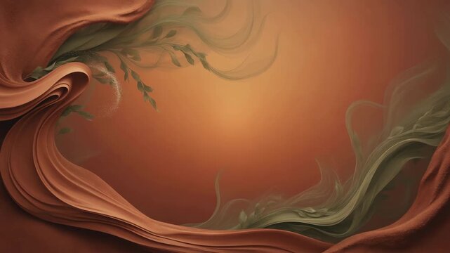 Terracotta botanical frame with flowing leaves in painterly style on a warm earthen background, expressing natural calm