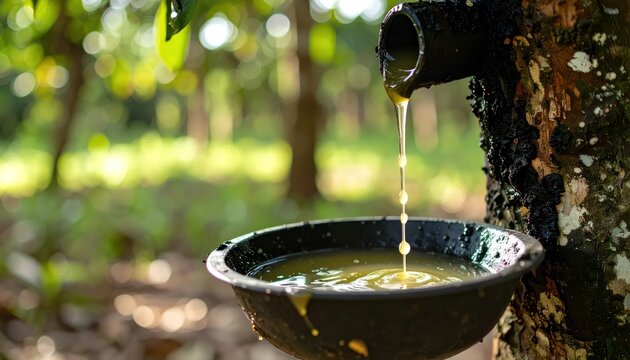Natural latex dripping from rubber tree into collection bowl.