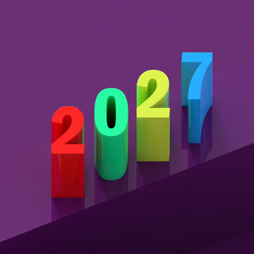 The colorful digits 2027 on a purple background. Orthograpic perspective. Happy New Year 2027 concept.