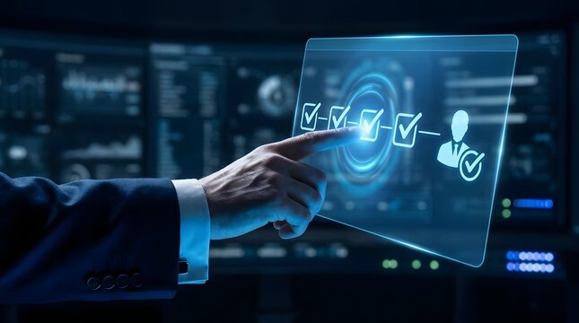 Businessman interacting with blue holographic interface