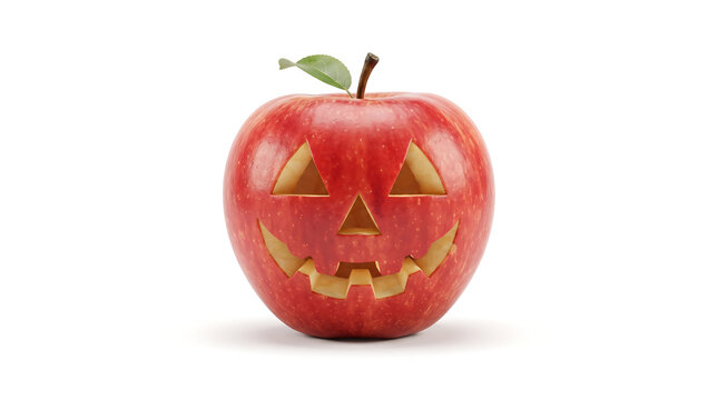 Red apple carved into halloween jack o lantern with spooky face isolated on white background for creative food art holiday decoration icon.