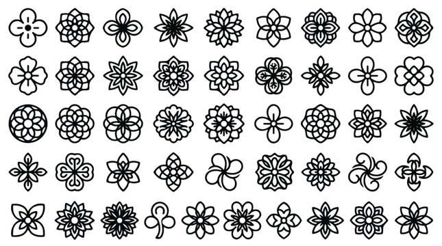 Minimalist geometric flower icons set, 50 black line floral symbols, abstract mandala ornaments vector, decorative botanical elements for logo design