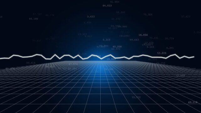Financial Data Graph Oscilloscope Line Fluctuating Over 3D Perspective Grid with Floating Digital Numbers for Technology and Stock Market Background
