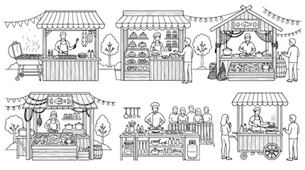 Obraz premium Hand drawn street food market stalls set, black and white sketch of outdoor festival kiosks, 6 vector illustrations of fair vendors and booths