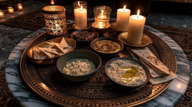 A collection of dips and flatbreads is presented on a decorative tray with lit candles.