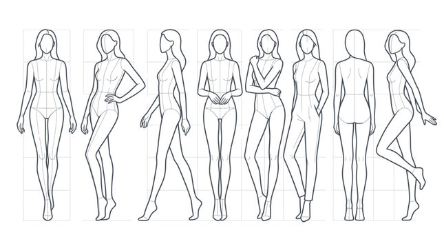 female fashion croquis pose templates vector set front side back views
