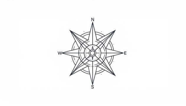 Nautical compass star with cardinal directions line art.