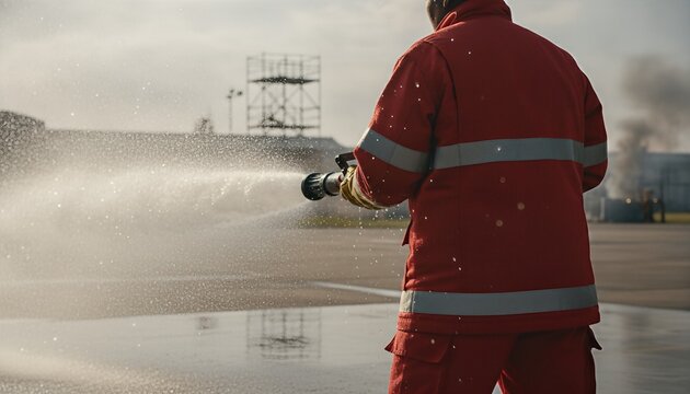 Middle aged firefighter in protective gear operating a high pressure hose during an intense training exercise in a bright outdoor industrial facility