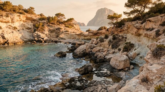 Rocky Mediterranean coastline with turquoise water and Es Vedra island at sunset in Ibiza, Spain, representing summer travel and coastal landscape.