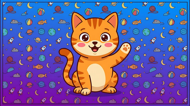 Cute Waving Tabby Cat Character with Space and Galaxy Pattern Background Vector Illustration