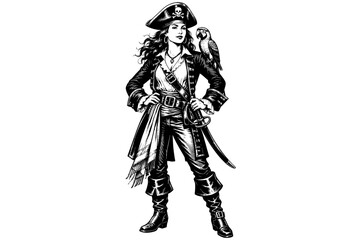 Obraz premium Vintage female pirate captain with a parrot on her shoulder, tricorn hat, long coat, and sword in a detailed black and white illustration.