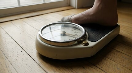 Naklejka premium Foot stepping on analog weighing scale on wooden floor