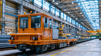 Fototapeta premium Bright industrial hall of steel mill for sheet metal production with long rolling line and orange transport carriage clean spacious interior under high ceilings with skylights