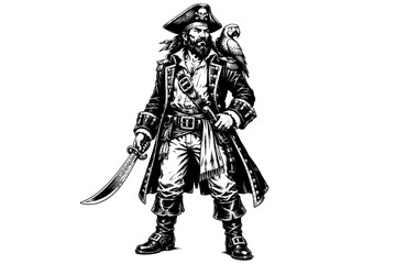 Fototapeta premium Vintage pirate captain with a parrot on his shoulder, curved sword, tricorn hat, and long coat in a detailed black and white illustration.