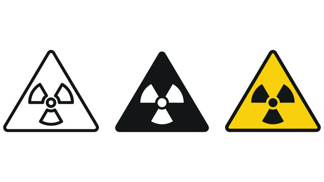 Collection of three warning symbols representing radioactivity in various colors and designs