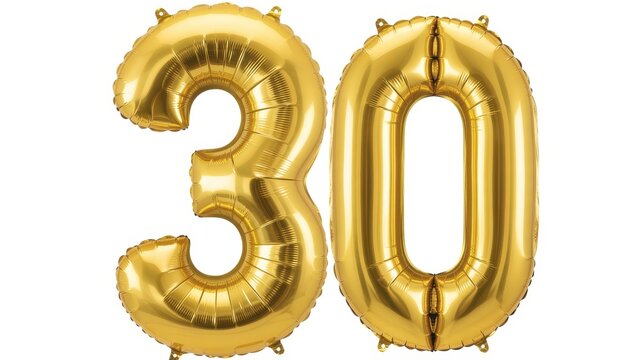 Golden number 30 foil balloons, shiny metallic birthday party decorations, thirty years anniversary celebration symbols on white background