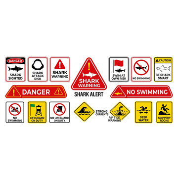 Beach Safety Warning Sign Bundle. Shark Alert, Danger, No Swimming, Lifeguard, Rip Tide, Strong Currents, Deep Water, and Slippery Rocks Vector Icons