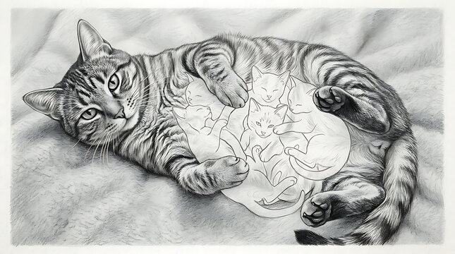 Realistic Pencil Sketch Drawing of a Lying Tabby Cat with Kittens Illustration