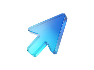 3d render of a glossy blue glass mouse cursor icon isolated on transparent background