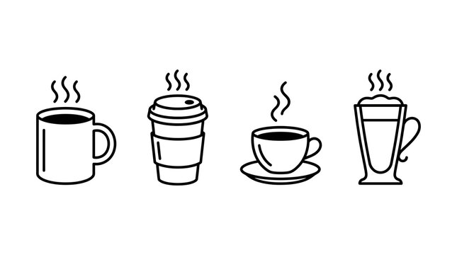 Coffee Cup Vector Line Art Icons Set Isolated on White Background - Hot Drink, Espresso, Mug, Takeaway Paper Cup Illustration