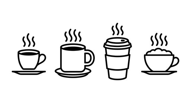 Coffee Cup Vector Line Art Icons Set Isolated on White Background - Hot Drink, Espresso, Mug, Takeaway Paper Cup Illustration