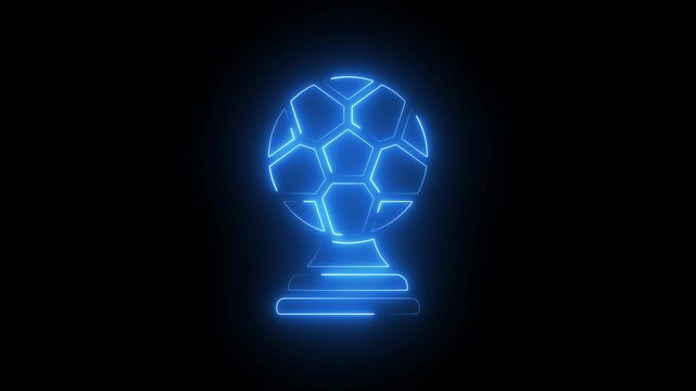 Glowing neon soccer ball trophy animation on black background, for sports broadcasting, and digital media