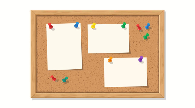 Cork Bulletin Board with White Paper Notes and Colorful Push Pins in Wooden Frame