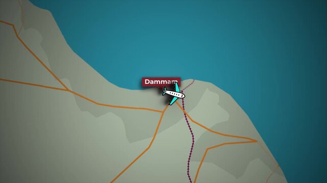 Flight Animation from Dammam to Bahrain on Topographical Map