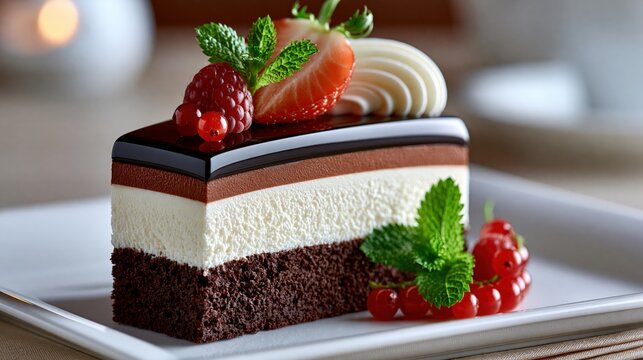 Layered chocolate mousse dessert topped with fresh berries and mint.