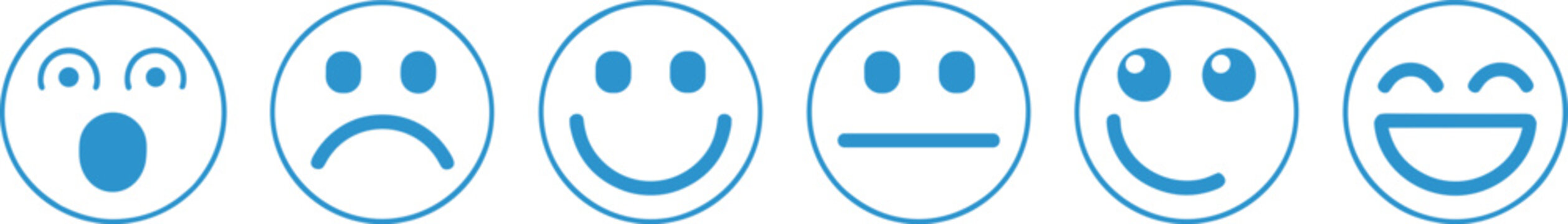 Six blue facial expression icons showing a range of emotions from shock to joy Keywords: emotion, expression, face, smiley, sad