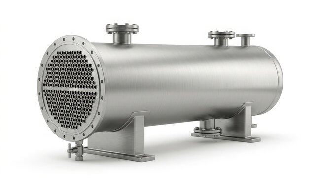Industrial Shell and Tube Heat Exchanger Module Isolated on White Background for Geothermal and Thermal Power Processing